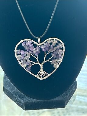 Amethyst Stone Heart Tree of Life Pendant 1.75”x 2” Will Bring Tranquility NWT